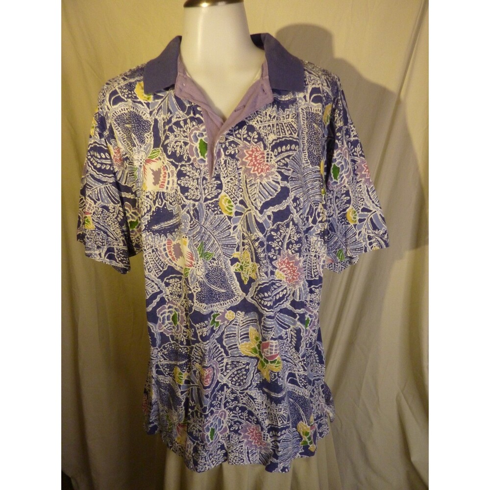 Cotton Traders Polo Style Cotton Shirt-Blue Leaf & Floral Design-sz L
